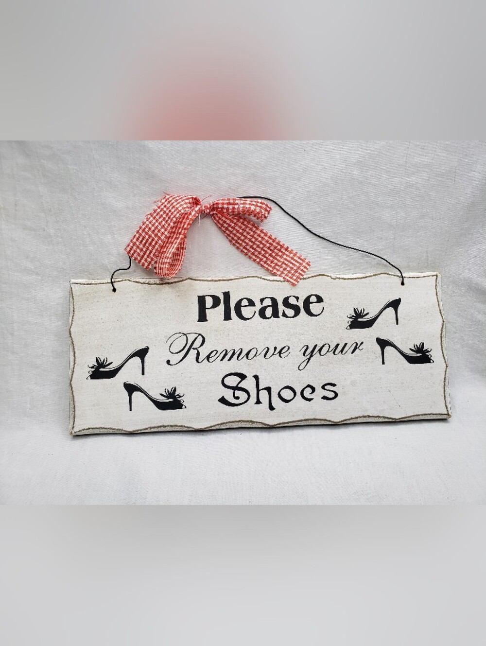 Wood Hanging Sign Words Please Remove Your Shoes Red Bow